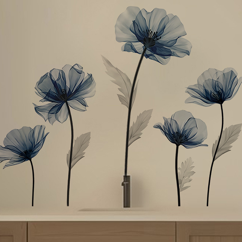 Cross-Border Blue Large Flower Wall Stickers Bedroom Tv Background Wall Home Decoration Mural Waterproof Self-Adhesive Pvc Stickers