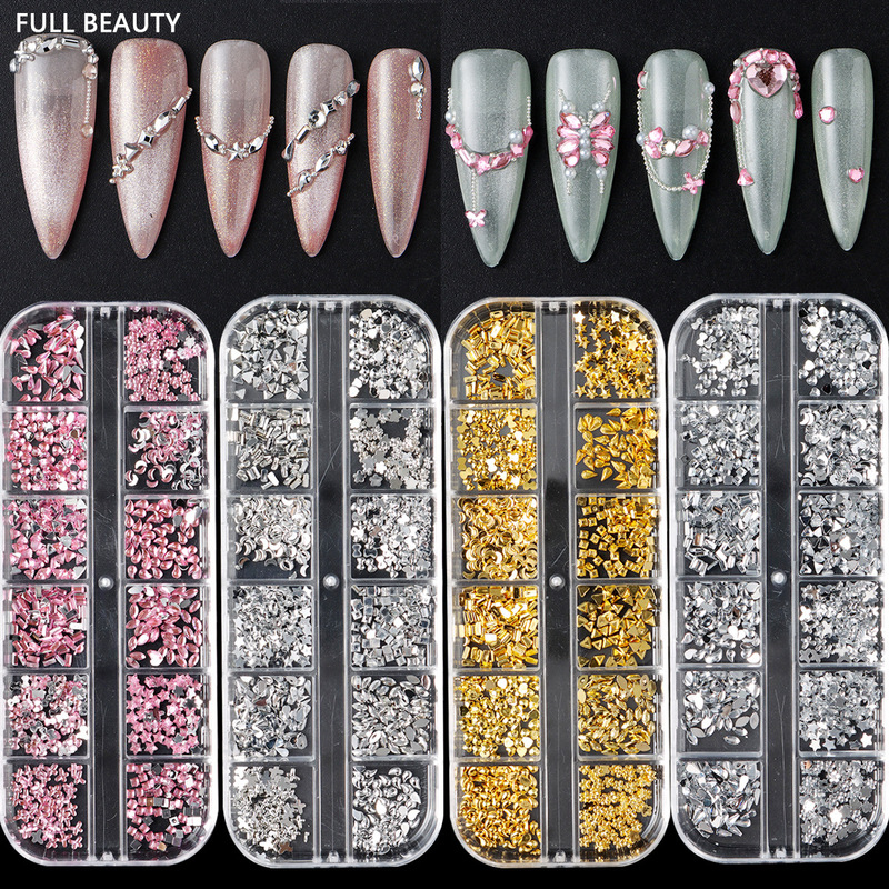 FULL BEAUTY クロスボーダー新ネイルアートアクセサリー 12 グリッド箱入り特殊形状平底樹脂ダイヤモンド混合装飾品|undefined