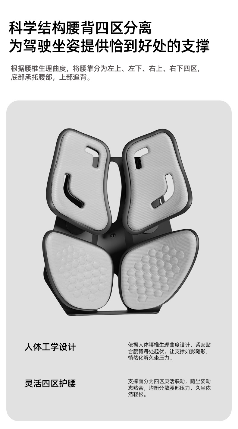 Ergonomic car lumbar support cushion, four-zone dynamic waist support pad, long-sitting support backrest cushion, high-density foam