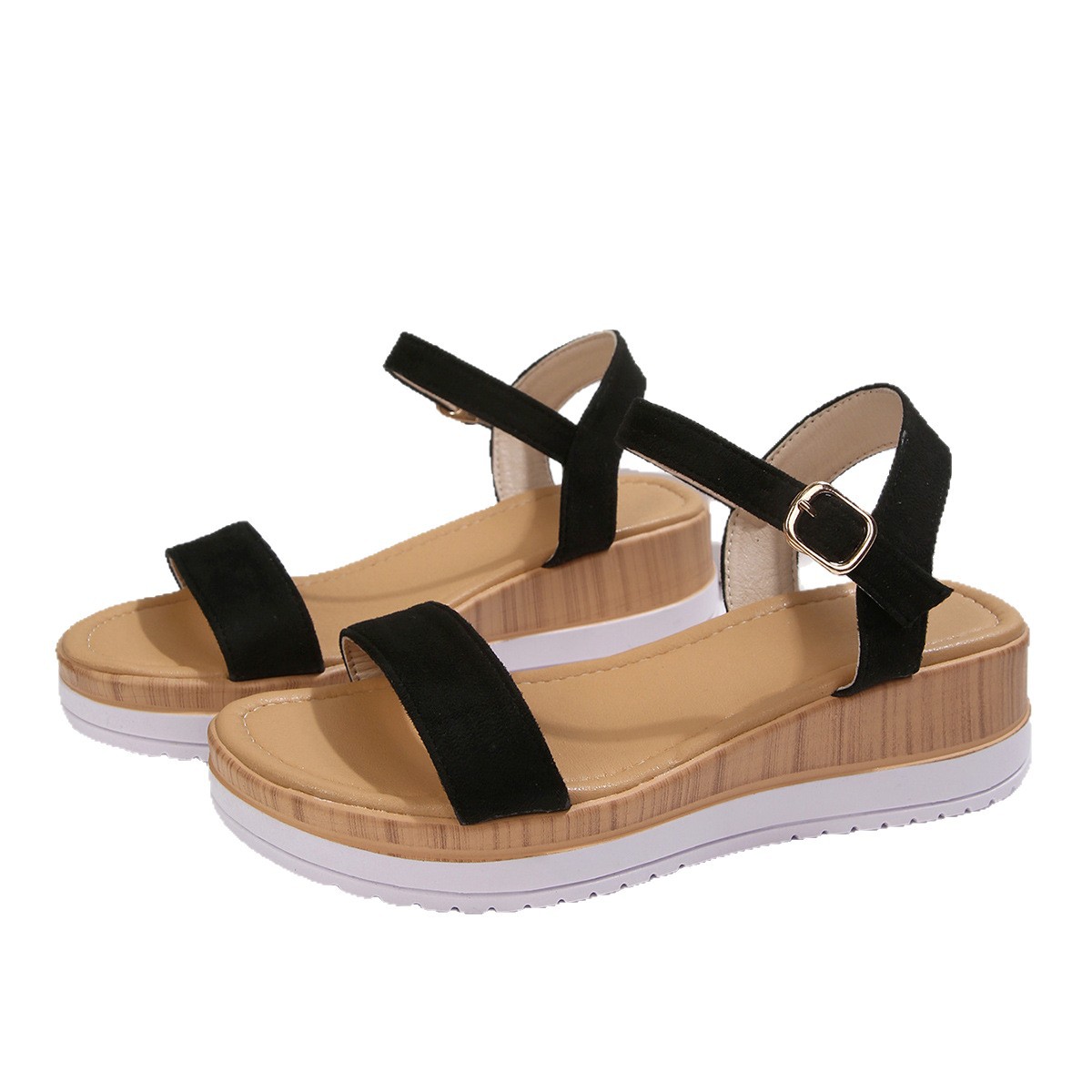 Cross-border Plus-size Wedge-heeled Thick-soled Fashion Casual For Women, New Open-toe Adjustable Buckle One-strap Solid_vogvips.com