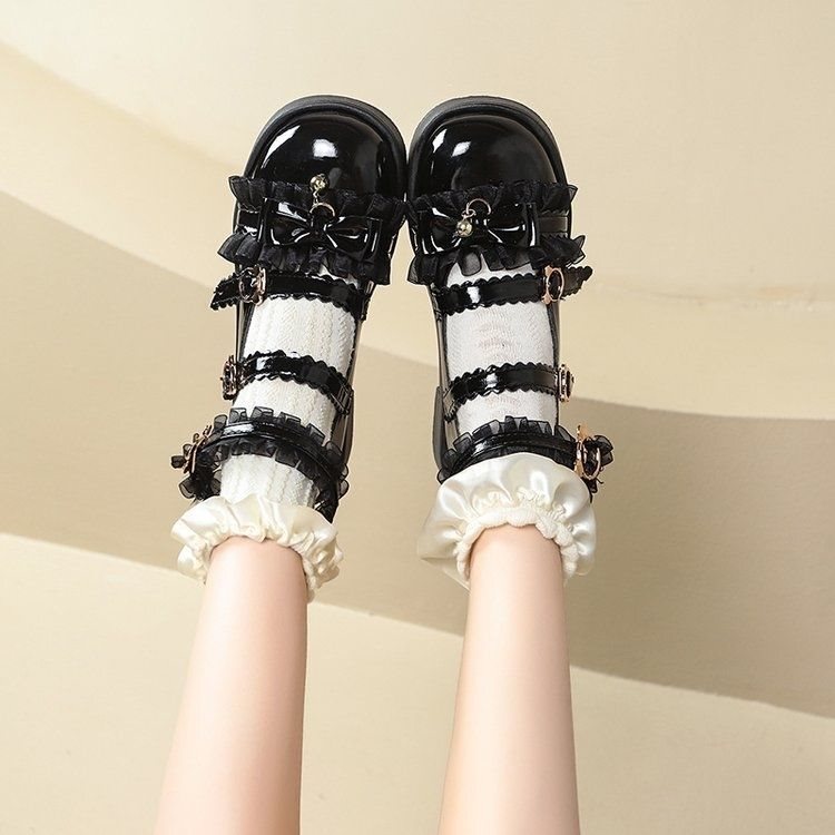 Sweet Lolita Leather Shoes Japanese Trendy Style Lolita Style Mid-Heel High Heels for Otaku Girls Black
