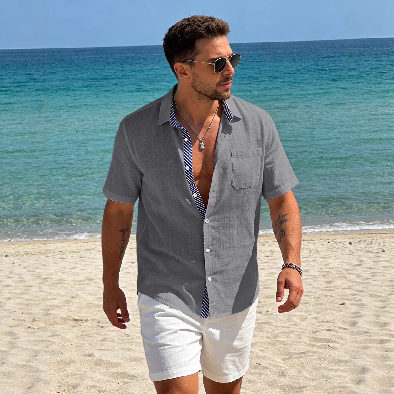 Verano europeo y americano nuevo hombre revestimiento a rayas de manga corta camisa de comercio exterior exterior casual europea americana