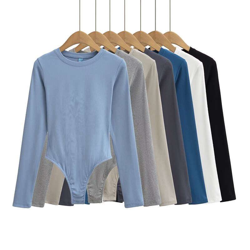 Spice Girl Retro Summer New Round Neck Thread Long-sleeved T-shirt Slim-fit Tight Waist jumpsuit Elastic Base Shirt Multicolor