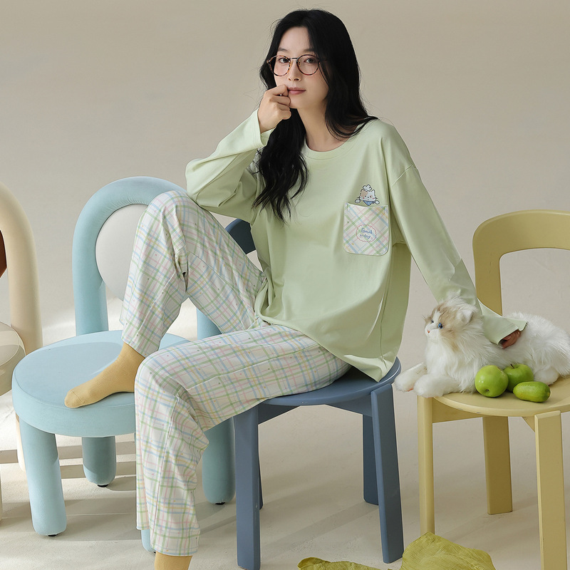 60% cotton pajamas for women, spring and autumn long-sleeved pullover, round neck, cute and sweet, casual loungewear set, two-piece outfit 60% cotton pajamas for women, spring and autumn long-sleeved pullover, round neck, cute and sweet, casual loungewear set, two-piece outfit