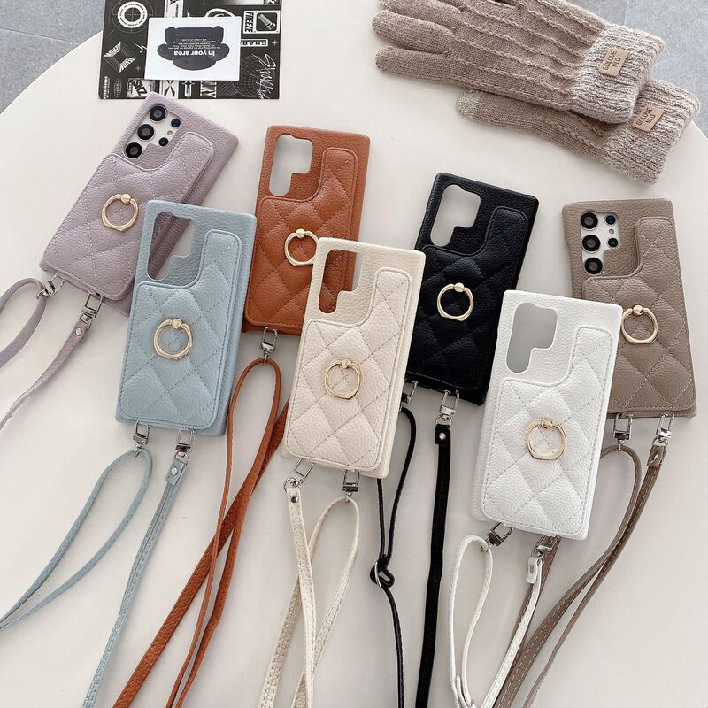 For Samsung S24 Rhomboid Card Ring Buckle Bracket Mobile Phone Case GalaxyS25 Litchi Pattern Half Bag Foreign Trade