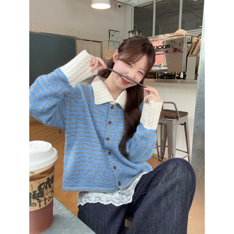 秋季新款韩系气质宽松慵懒松弛感条纹翻领毛衣开衫外套女|undefined