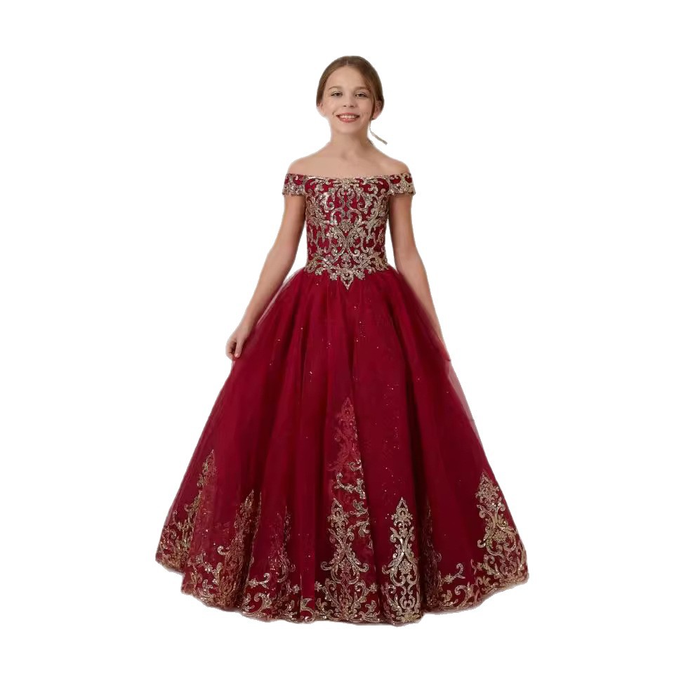 Vestido de niños europeo y americano, cuello de encaje, niña de las flores, anfitrión de piano para niños, fiesta de actuación, princesa larga, esponjoso