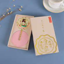 金属化妆镜中国风化妆镜子复古文创烤漆金属圆形长柄手持便携镜子