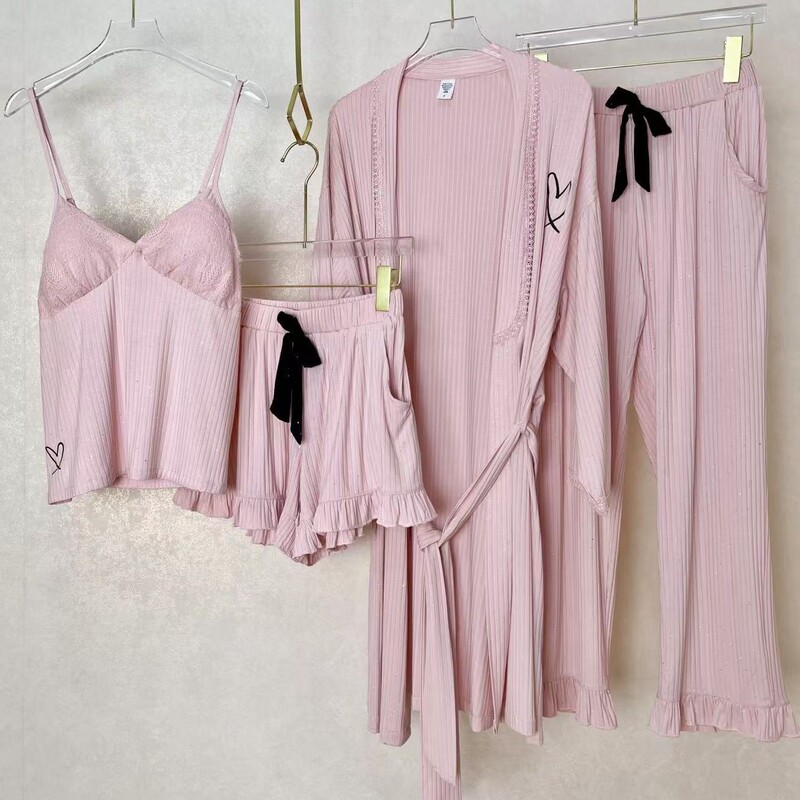 Foreign Trade Big Brand Amazon Modal Lace Stitching Modal Four-Piece Pajamas Love with Chest Pad Home Clothes