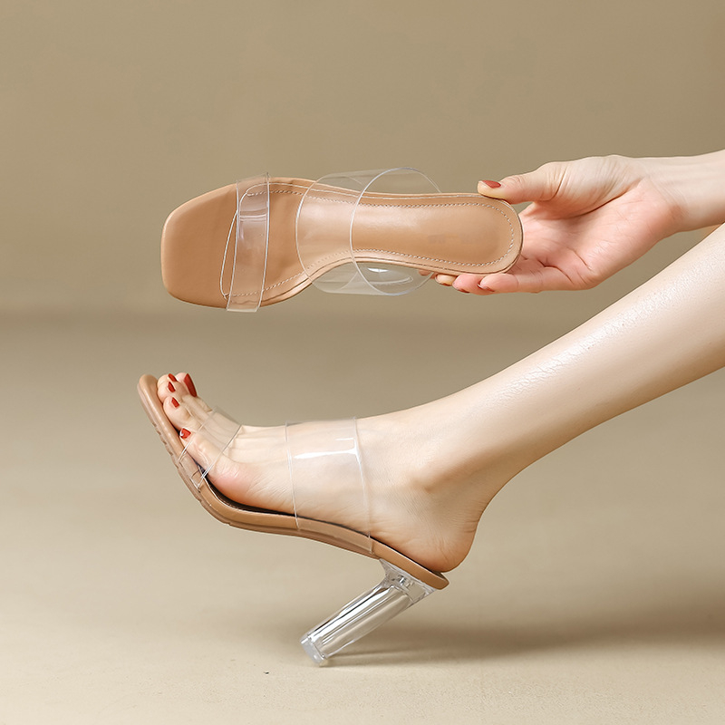 Transparent High Heels Summer Genuine Leather 2025 New Popular Versatile Outer Slippers with Skirt Crystal Thick Heel Sandals for Women