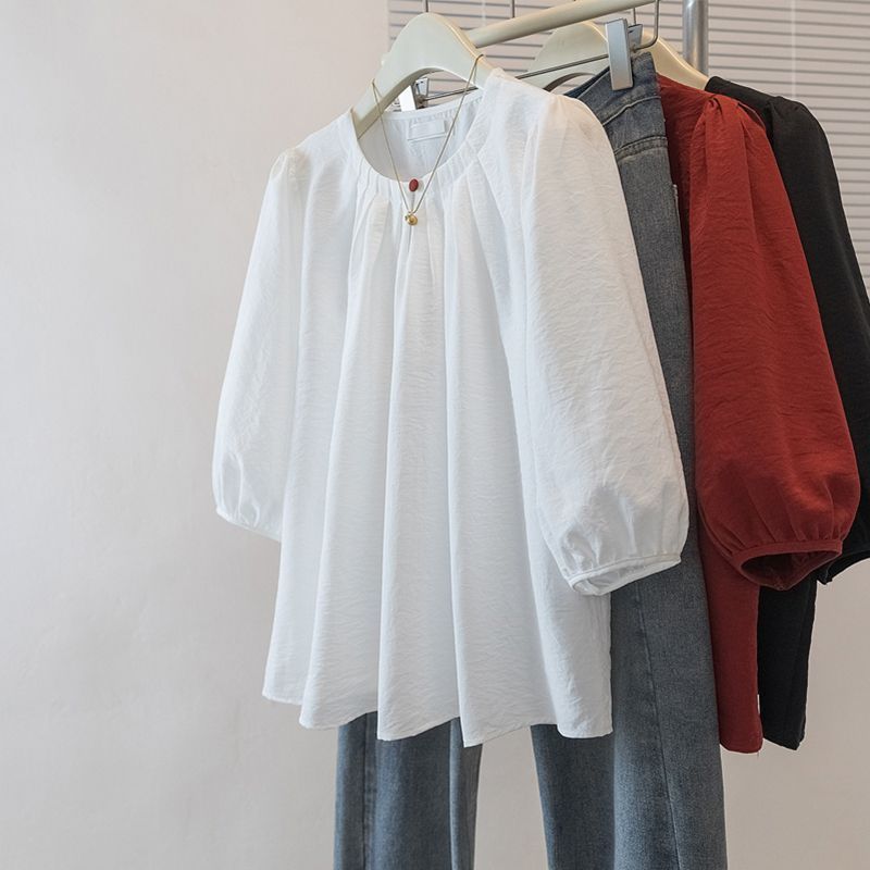 大きいサイズ韓国デザイン無地パフスリーブ Tシャツ女性のための 2025 春夏新作ルーズスリム七分袖トップ|undefined