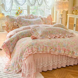 韩版公主风10斤加厚牛奶绒床盖四件套防滑双面绒花边被套一件代发