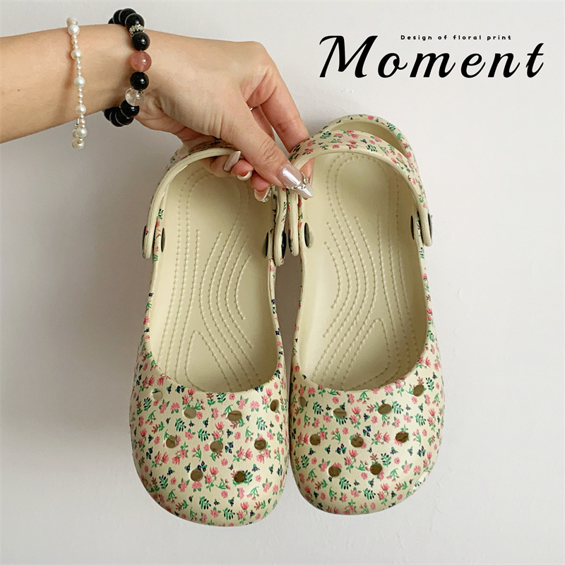 Floral Ballet Clogs for Women, Eva Summer Slip-On Two-Way Mary Jane Beach Non-Slip Closed-Toe Slippers for Women