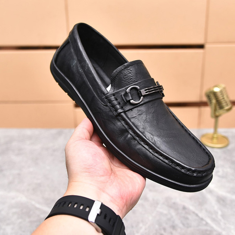 Primera capa de piel de vaca zapatos de cuero de los hombres de superficie suave de conducción zapatos casuales patrón de agarre de la mano slip-on zapatos de guisantes zapatos papá