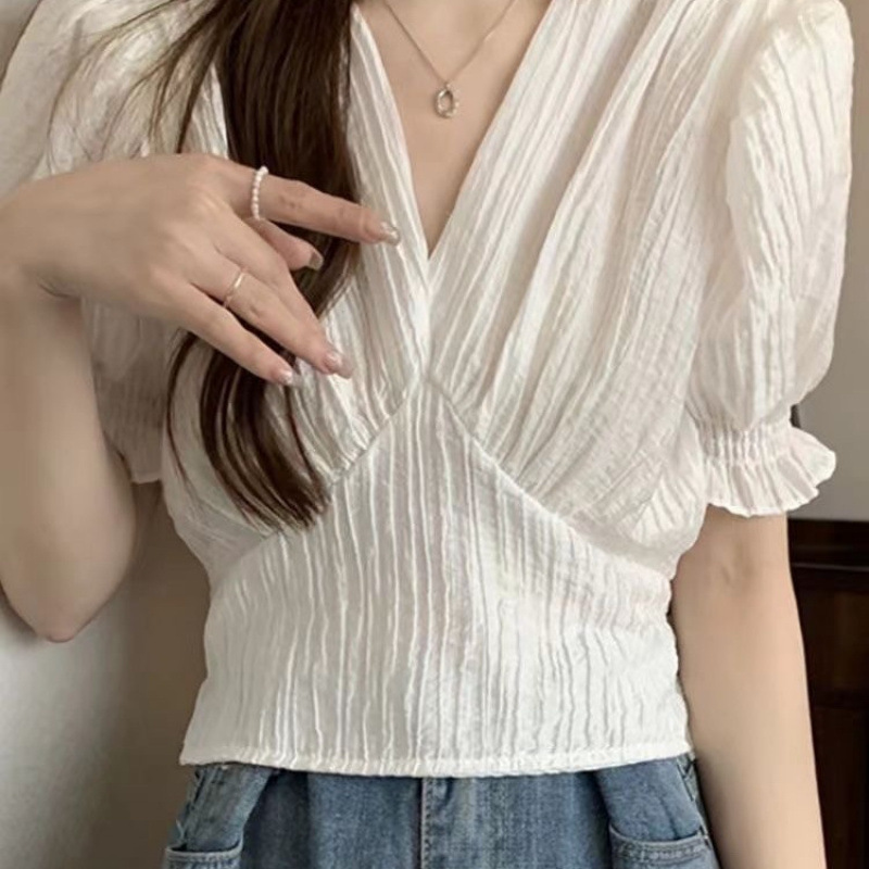 ホワイトVネック半袖Tシャツ夏ショートハイウエスト右肩ウエスト痩せドーパミンホットガールパフスリーブフレンチトレンド|undefined