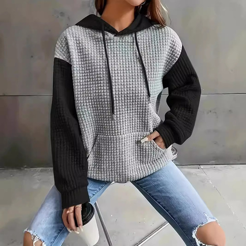 Autumn and Winter European and American Fashion Hot Item: Loose, Casual, Color-Block Patchwork Pullover Hoodie—All-Match Sweatshirt Jacket for Women