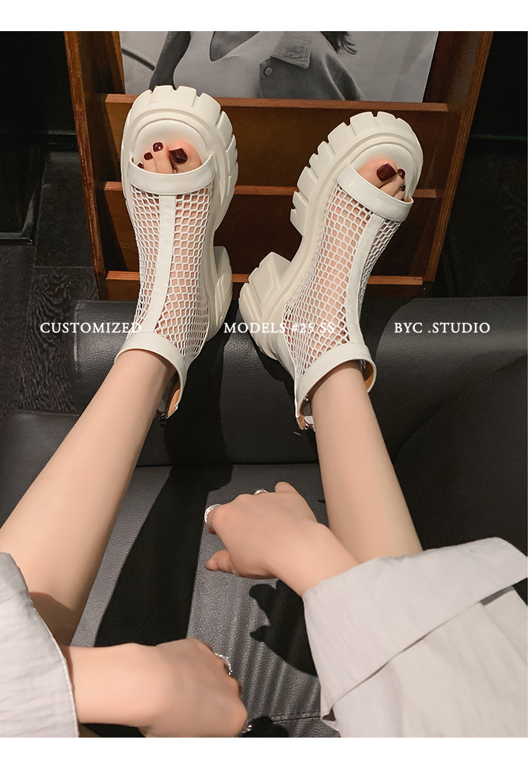 Giày sandal cao gót nữ mũi cá hở ngón, cổ cao lưới mỏng, gót vuông dày 9 cm, khóa kéo sau, đế xuồng thoáng khí — đen, trắng chi tiết 18