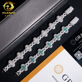 New Products New European and American Cross-border Hip-hop S925 Silver Moissanite Bracelet 18mm Four-leaf Clover Cuban Chain Bracelet