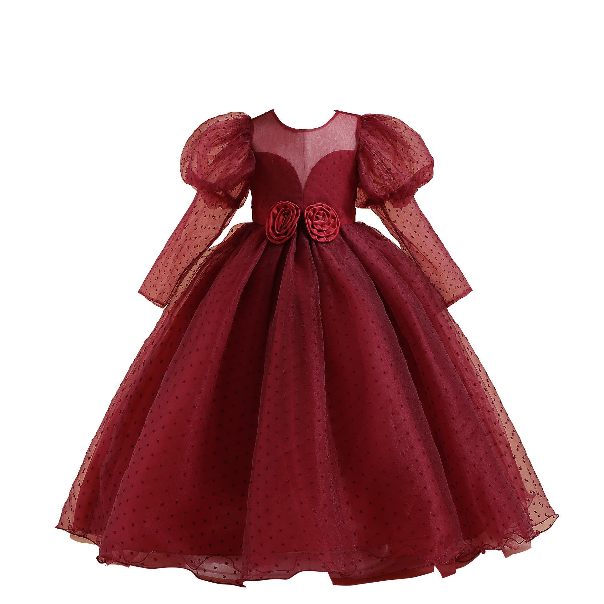 Europa y América nuevo medio y grande vestido de los niños burbuja manga larga princesa mullida gasa vestido piano rendimiento vestido de noche vestido