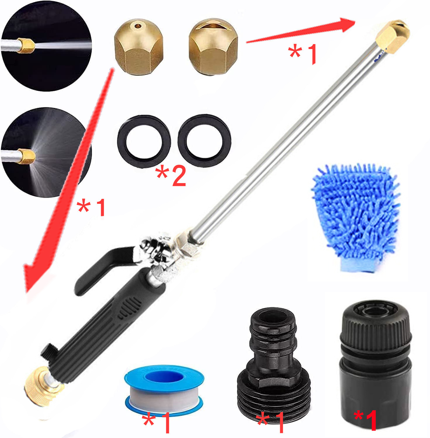 세트 8 (물 총 블랙 노즐 2 블랙 조인트 1 개스킷 2 테이프 1 블랙 퀵 연결 1 장갑)