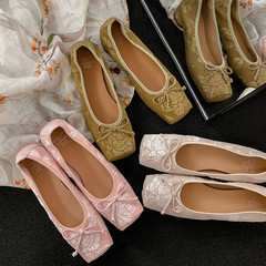 新中式系列2024新方頭復古國風刺繡玫瑰 蝴蝶結奶奶鞋單鞋芭蕾鞋
