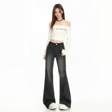 弹力竹节面料2025年秋季新款美式中低腰宽松不贴腿微喇叭牛仔裤女