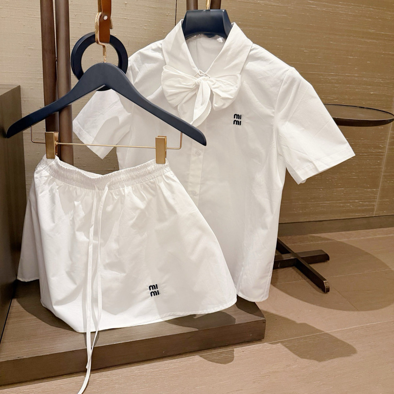 Miu Series "Shenzhen Nanyou" Set: Bow-Tie Shirt + Skirt with Micro Letter Embroidery, College Style 2026