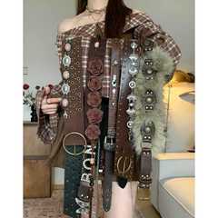 复古棕色西部风铆钉腰带女小众花朵贝壳腰链配裙子牛仔裤腰封装饰