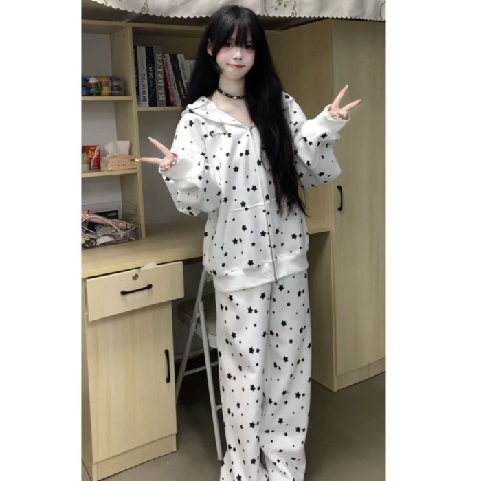 满印美式星星耳朵时尚套装秋季新款连帽卫衣开衫慵懒宽松两件套|undefined
