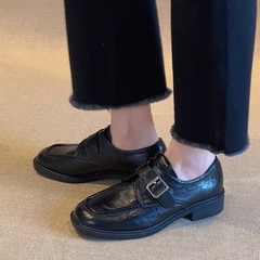 羊皮版~方头皮带扣小皮鞋女2025年粗跟学院风乐福鞋懒人百搭单鞋