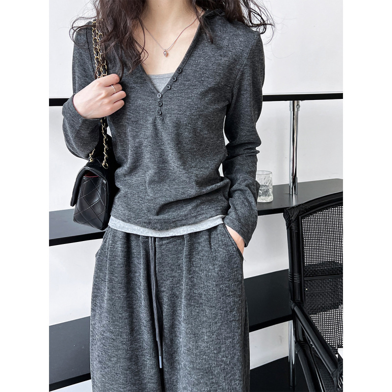 Luxi Early Autumn Layered Casual Sports Suit for Women, Hooded Sweatshirt + Camisole + Wide-Leg Pants Three-Piece Set 2163