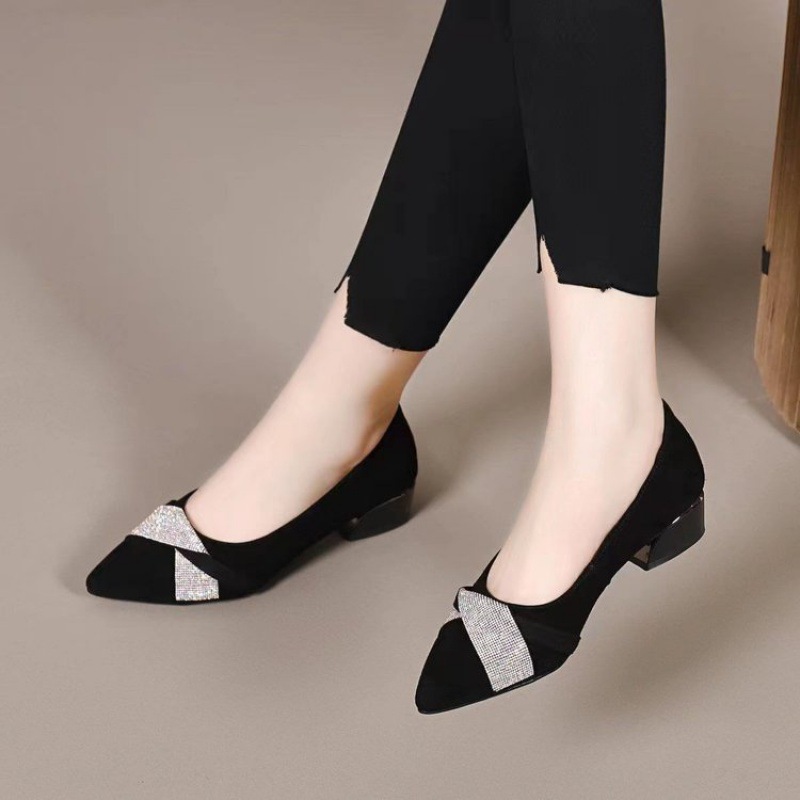 De goma puntiaguda de corte bajo de tacón bajo (menos de 3cm)PU gamuza zapatos de tacón cuadrado zapatos bajos