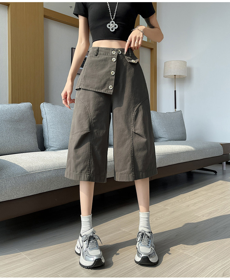 Quần culottes nữ ống rộng cạp cao dáng suông vải cotton — màu trắng chi tiết 22