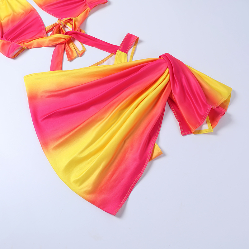 Gradient Color Strappy Halterneck Swimsuit With Skirt Set NSFLY107836