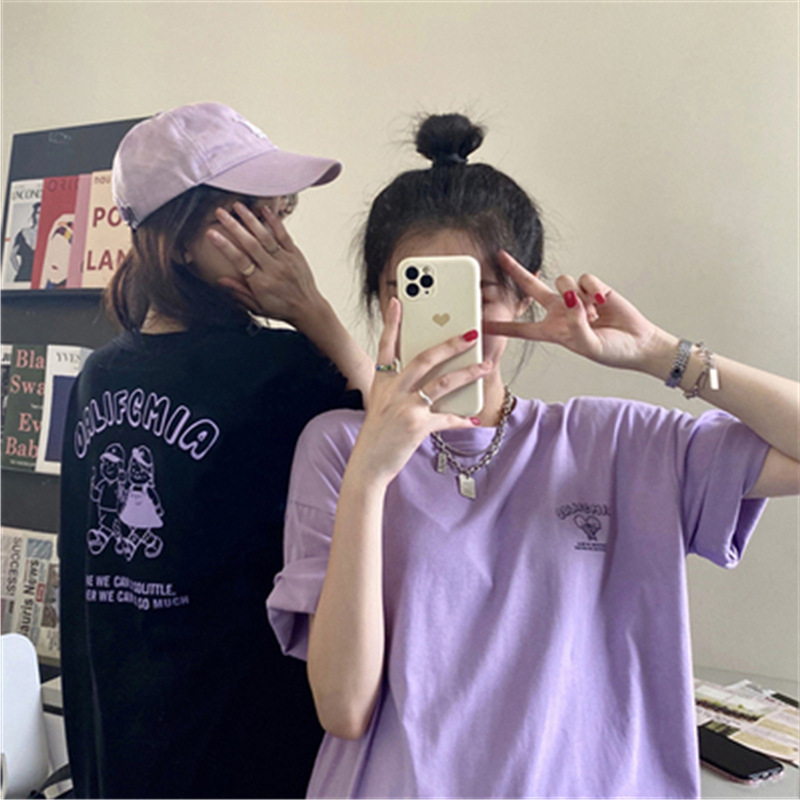 Short-Sleeved T-Shirt for Women Summer 2025 New Loose Korean Style Bestie Outfit Taro Purple Letter Print Clothes Ins Trend