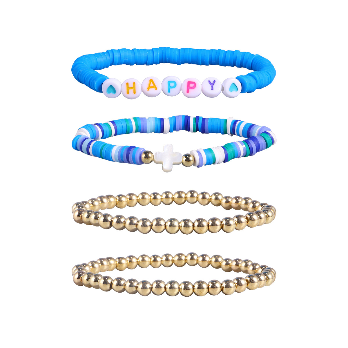 Bohemian Style Color Polymer Clay Bracelet Letter Happy Elastic Rope Golden Beads Bracelet Set