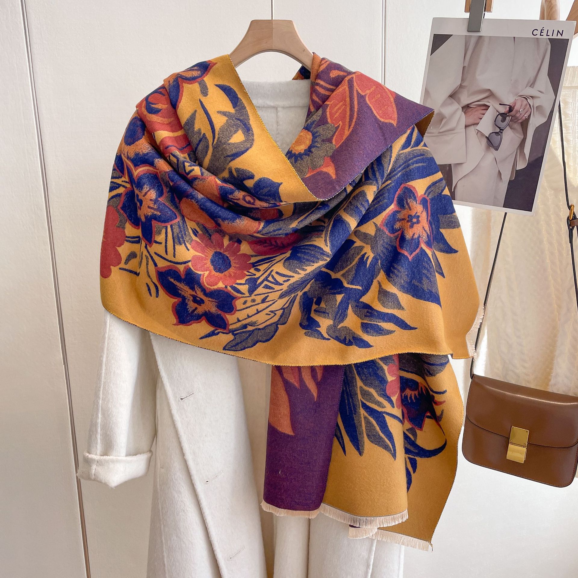 2023 otoño e invierno nuevo chal al aire libre elegante estilo socialite pequeña bufanda floral de cachemira engrosada bufanda cálida para mujer