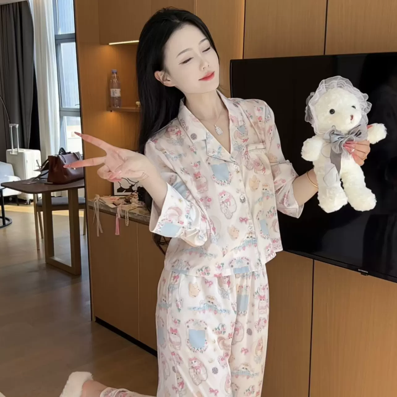 春秋气质精休闲长袖睡衣女家居服洋气显瘦可外穿可爱简约跨境批发