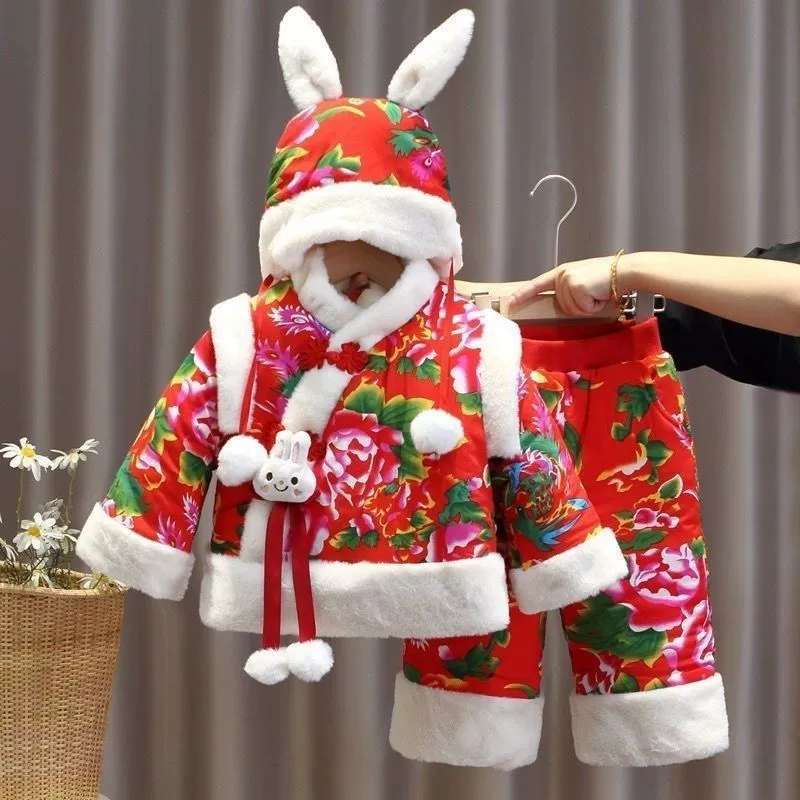 Новый северо-восточный большой цветок хлопчатобумажной куртки теплый зимний детский набор хлопчатобумажной одежды для мужчин и женщин