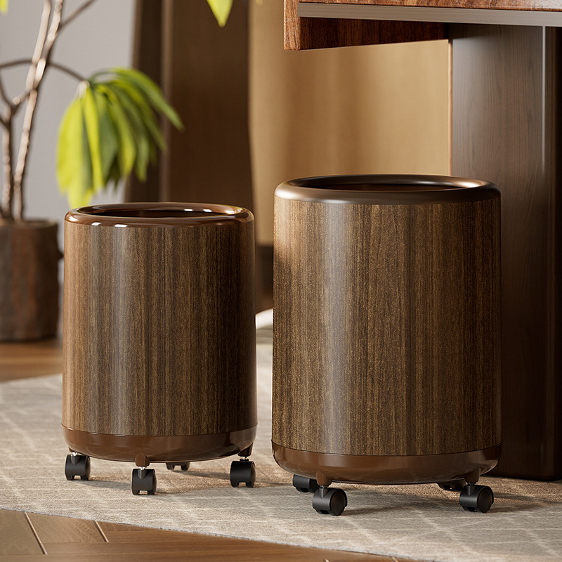 Trash Can Imitation Wood Grain Household Lidless Storage Bucket Cleaning Bucket with Wheels Removable Toilet Toilet Paper Basket