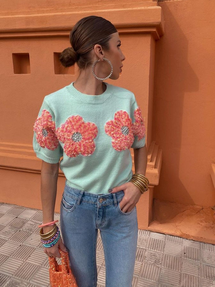 Women's T-shirt Short Sleeve Sweaters & Cardigans Contrast Binding Vacation Flower display picture 24