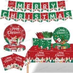新しいクリスマステーマのパーティー用品赤と緑の使い捨て紙皿紙コップティッシュフラグ食器装飾アレンジメント