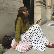 韩国chic复古甜美气质休闲木耳边波点松紧腰系带中长款半身裙2色