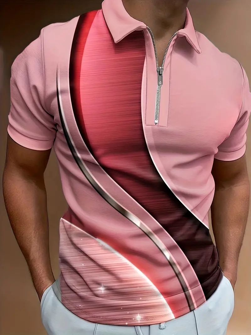 Ropa de hombre europea y americana AliExpress hombres de negocios transfronterizos sueltos de manga corta cremallera camisa POLO tecnología geométrica impresión 3D