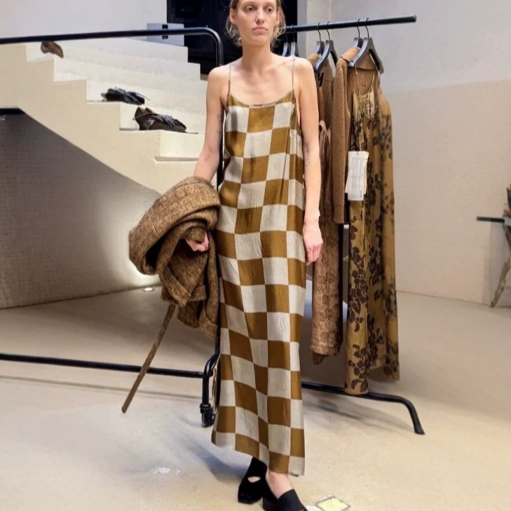 uma niche designer's vintage artistic yellow and white plaid cupro silk suspender long dress for summer