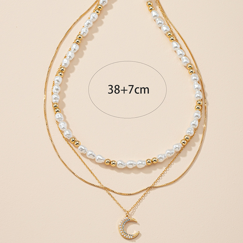 Collier De Niveau De Perles De Mode Pendentif En Strass De Lune Chaîne De Tempérament Simple display picture 4