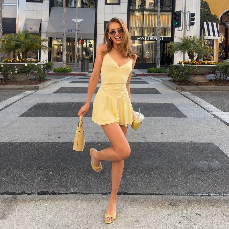 Cross-Border European and American Women's Clothing 2025 Summer New Fashion Elegant Pure Color Sexy Slim Suspender Dress Short Skirt for Women