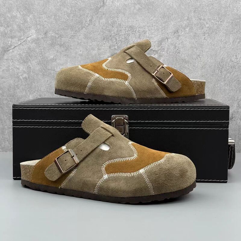 2026 New Model Birkenstock Shoes for Men, Cork-Soled Clogs, Color-Blocked Slip-On Half-Slippers, Genuine Leather Retro Outdoor Slippers