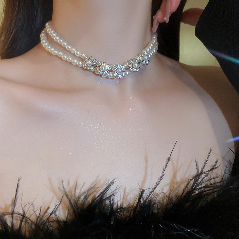 ダイヤモンド楕円二重バロック真珠ネックレス女性フランスレトロ気質鎖骨チェーンファッション高級感アクセサリー|undefined