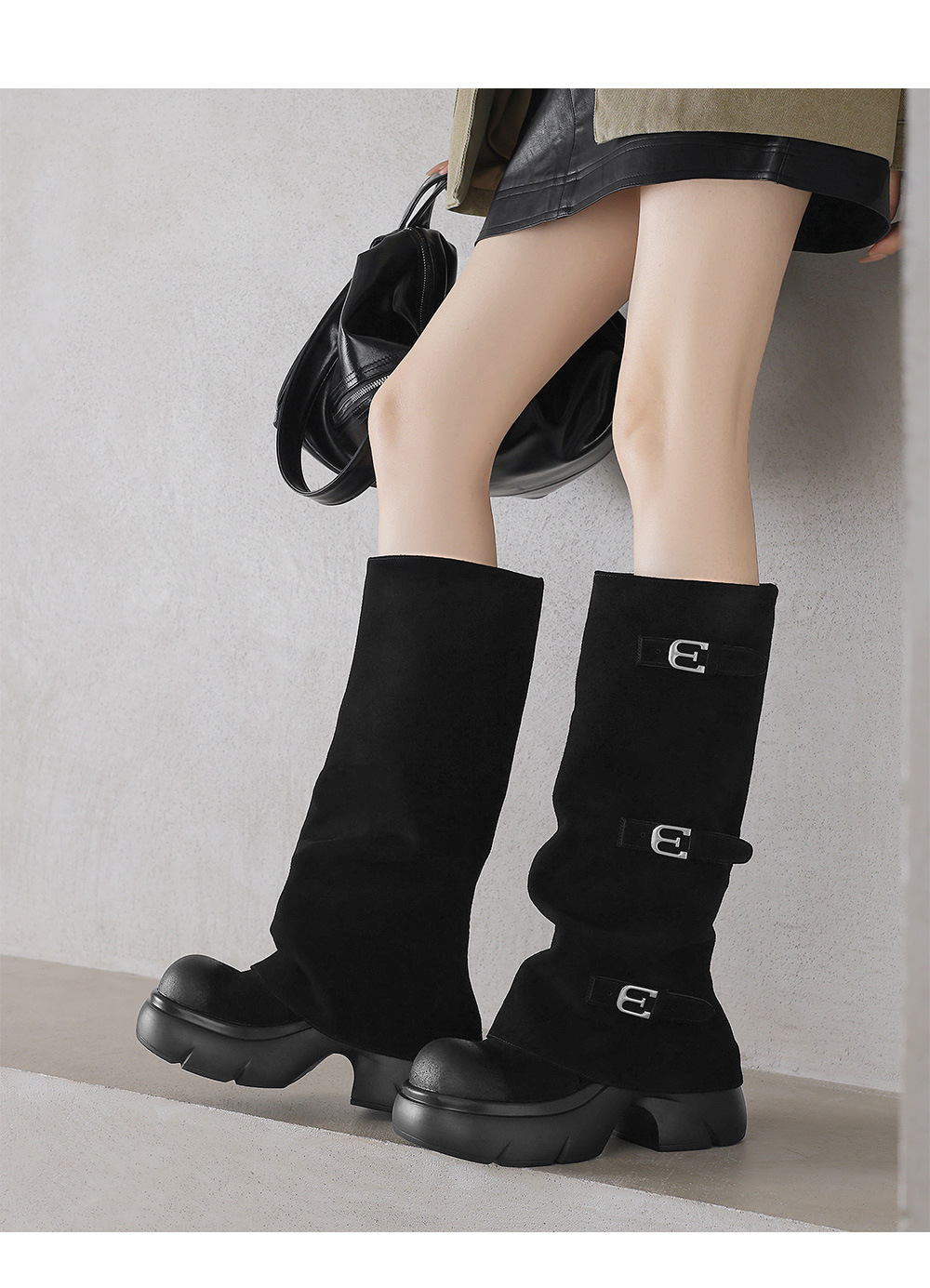 Boot nữ da lộn đế dày phong cách biker, gót platform 5 cm — màu đen chi tiết 11